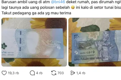 Uang Rp 50.000 dari ATM BNI Tidak Tercetak Sempurna, Warganet Ramai Mengeluh